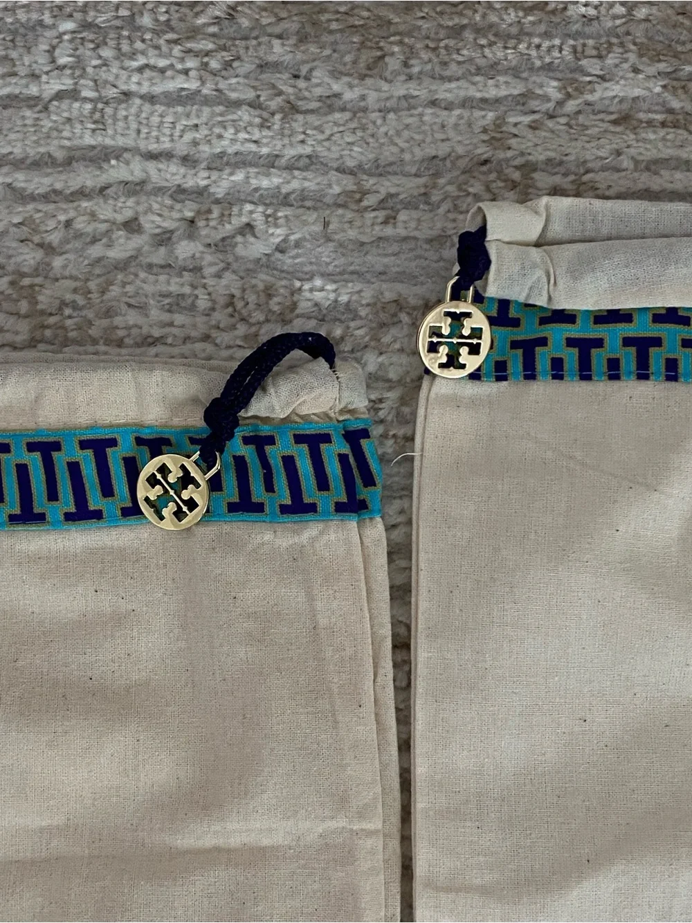 Tory Burch Canvas Dust Bag Blue with Purple and Gold Trim Logo Charm